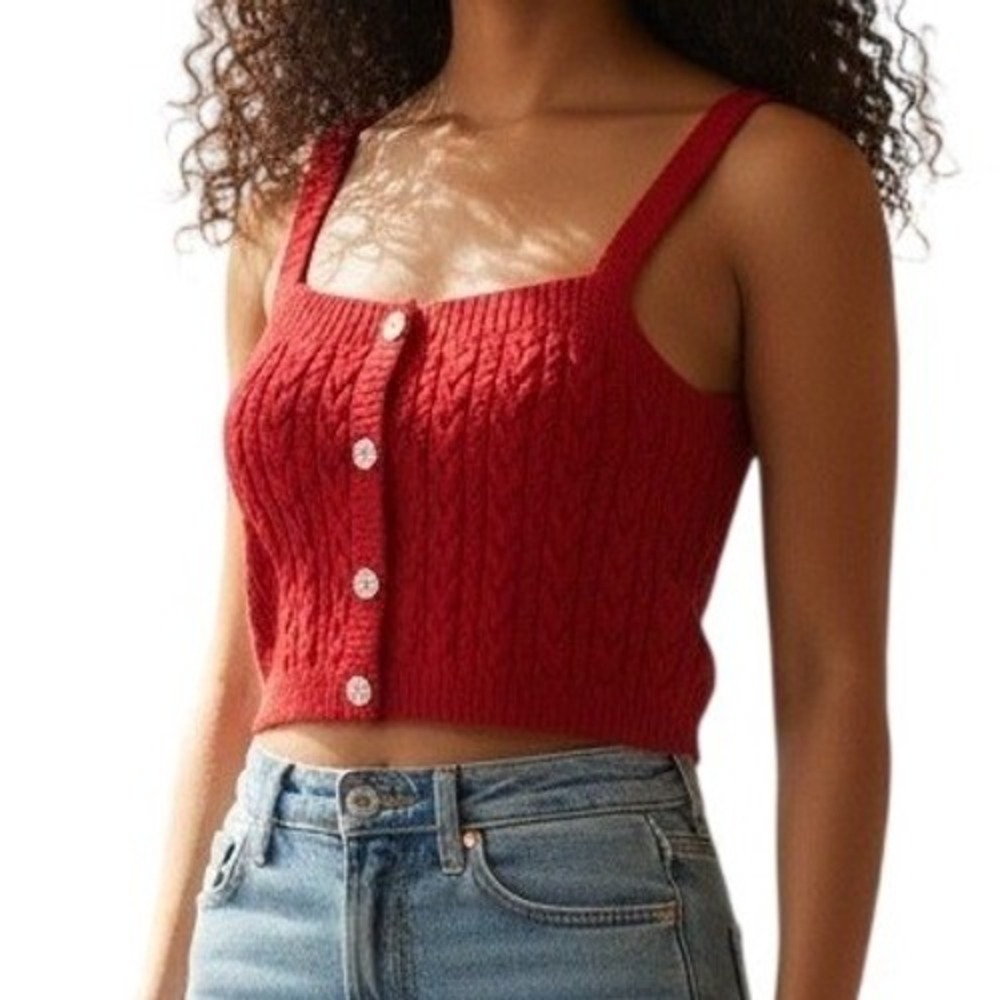 Papaya‎ Red Cable Knit Crop Tank Top Small Rhinestone Accents Camisole Y2K